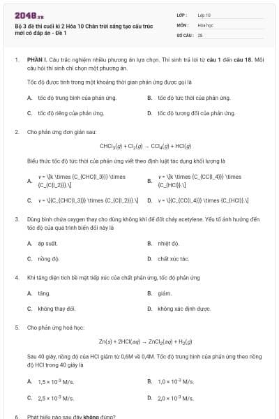 Bộ 3 đề thi cuối kì 2 Hóa 10 Chân trời sáng tạo cấu trúc mới có đáp án - Đề 1