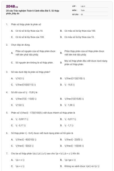 20 câu Trắc nghiệm Toán 6 Cánh diều Bài 5. Số thập phân_Đáp án