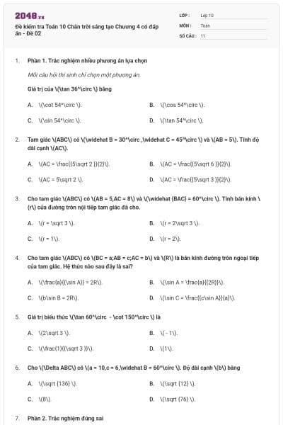 Đề kiểm tra Toán 10 Chân trời sáng tạo Chương 4 có đáp án - Đề 02