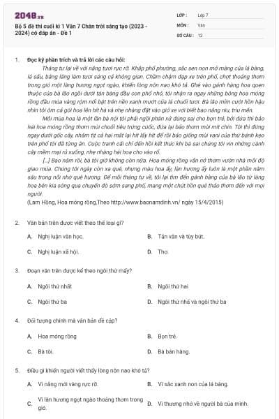 Bộ 5 đề thi cuối kì 1 Văn 7 Chân trời sáng tạo (2023 - 2024) có đáp án - Đề 1
