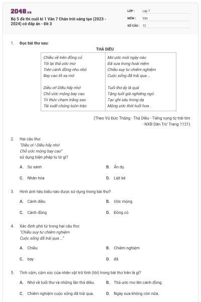 Bộ 5 đề thi cuối kì 1 Văn 7 Chân trời sáng tạo (2023 - 2024) có đáp án - Đề 3
