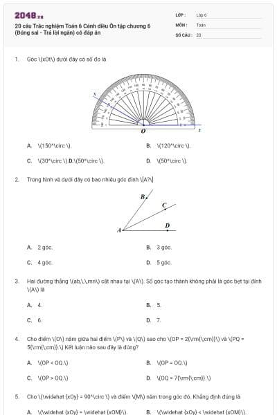 20 câu Trắc nghiệm Toán 6 Cánh diều Ôn tập chương 6 (Đúng sai - Trả lời ngắn) có đáp án