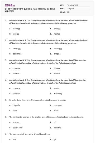 24 ĐỀ THI THỬ THPT QUỐC GIA NĂM 2019 Môn thi: TIẾNG ANH(P20)