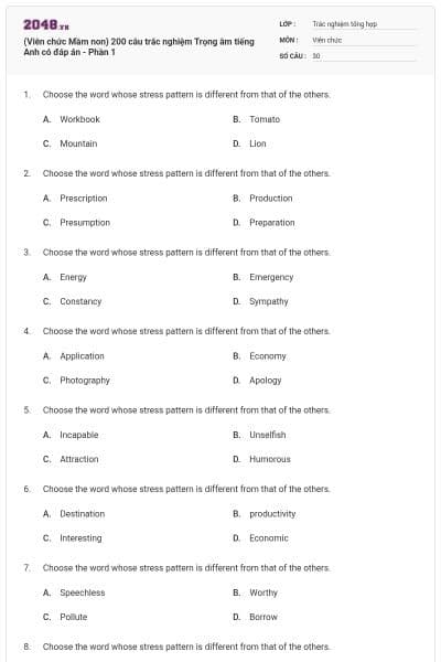 (Viên chức Mầm non) 200 câu trắc nghiệm Trọng âm tiếng Anh có đáp án - Phần 1