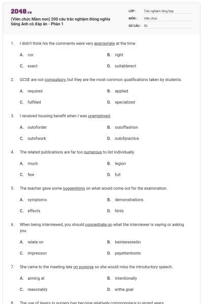 (Viên chức Mầm non) 200 câu trắc nghiệm Đồng nghĩa tiếng Anh có đáp án - Phần 1