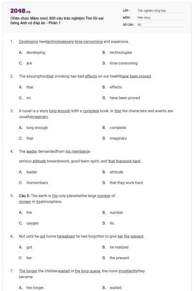 (Viên chức Mầm non) 300 câu trắc nghiệm Tìm lỗi sai tiếng Anh có đáp án - Phần 1