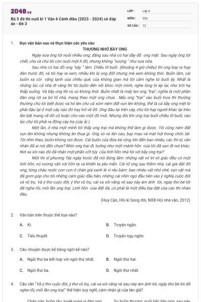 Bộ 5 đề thi cuối kì 1 Văn 6 Cánh diều (2023 - 2024) có đáp án - Đề 3