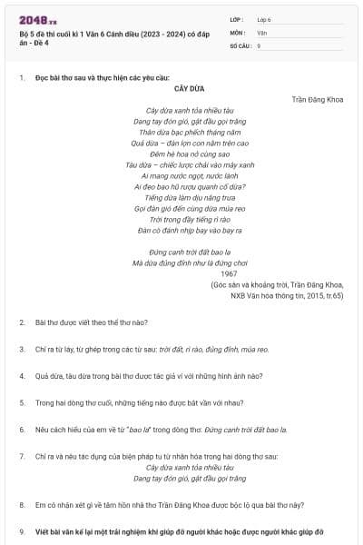 Bộ 5 đề thi cuối kì 1 Văn 6 Cánh diều (2023 - 2024) có đáp án - Đề 4