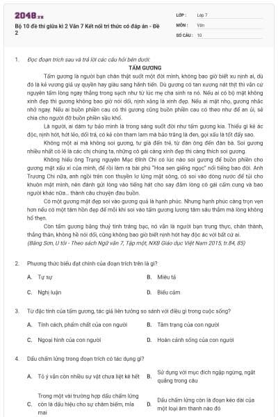 Bộ 10 đề thi giữa kì 2 Văn 7 Kết nối tri thức có đáp án - Đề 2
