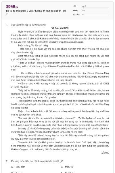 Bộ 10 đề thi giữa kì 2 Văn 7 Kết nối tri thức có đáp án - Đề 3