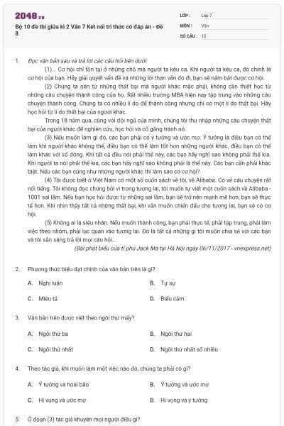 Bộ 10 đề thi giữa kì 2 Văn 7 Kết nối tri thức có đáp án - Đề 8