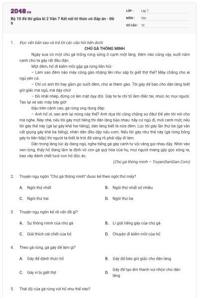 Bộ 10 đề thi giữa kì 2 Văn 7 Kết nối tri thức có đáp án - Đề 9