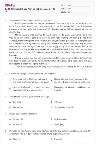Bộ 10 đề thi giữa kì 2 Văn 7 Kết nối tri thức có đáp án - Đề 10