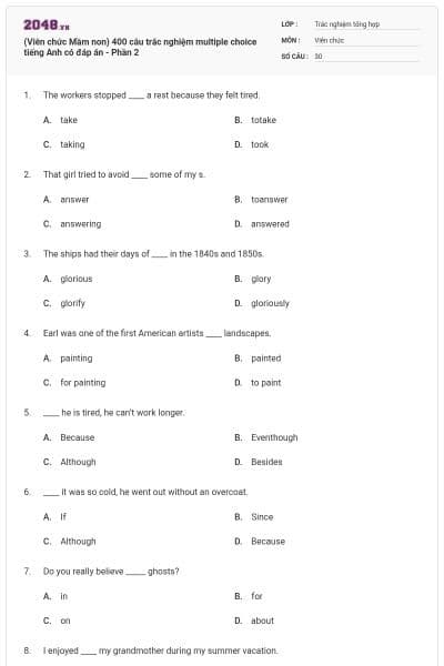 (Viên chức Mầm non) 400 câu trắc nghiệm multiple choice tiếng Anh có đáp án - Phần 2