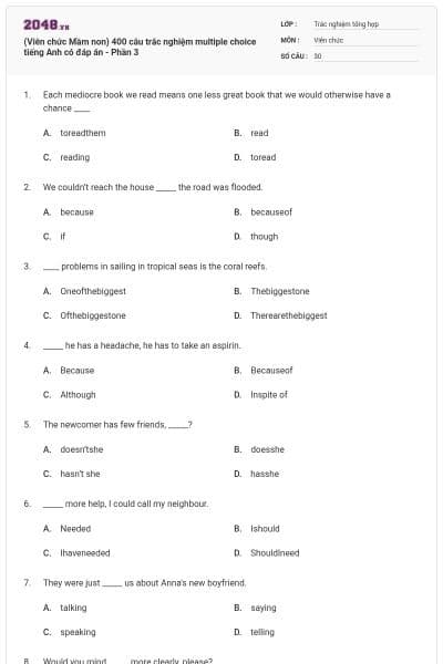(Viên chức Mầm non) 400 câu trắc nghiệm multiple choice tiếng Anh có đáp án - Phần 3