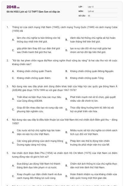 Đề thi HSG Lịch sử 12 THPT Sầm Sơn có đáp án
