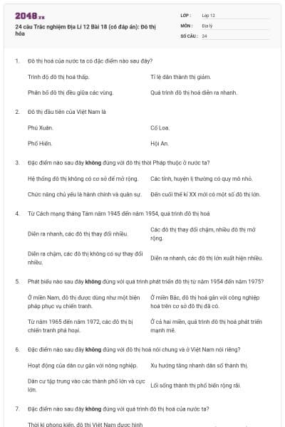 24 câu Trắc nghiệm Địa Lí 12 Bài 18 (có đáp án): Đô thị hóa