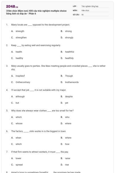 (Viên chức Mầm non) 400 câu trắc nghiệm multiple choice tiếng Anh có đáp án - Phần 6