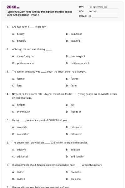 (Viên chức Mầm non) 400 câu trắc nghiệm multiple choice tiếng Anh có đáp án - Phần 7