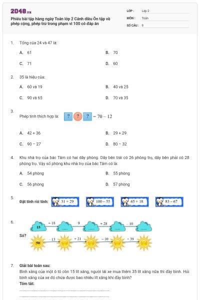 Phiếu bài tập hàng ngày Toán lớp 2 Cánh diều Ôn tập về phép cộng, phép trừ trong phạm vi 100 có đáp án