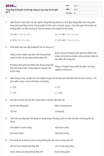 Tổng hợp lý thuyết và bài tập sóng cơ cực hay có lời giải- đề 7