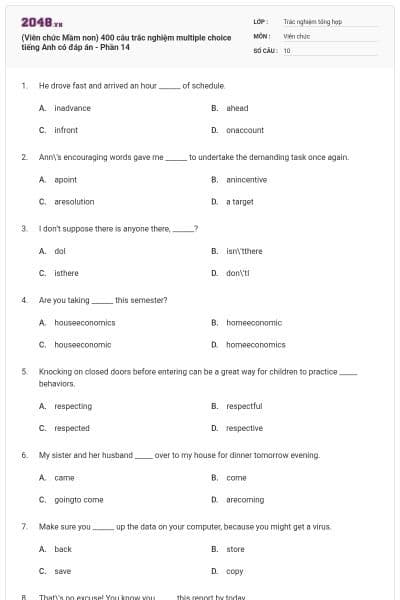 (Viên chức Mầm non) 400 câu trắc nghiệm multiple choice tiếng Anh có đáp án - Phần 14
