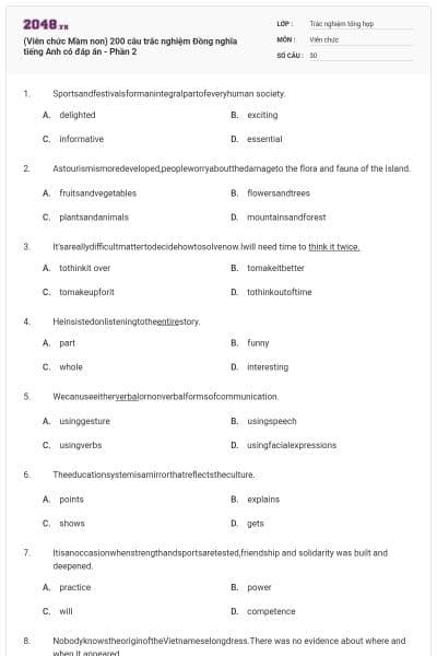 (Viên chức Mầm non) 200 câu trắc nghiệm Đồng nghĩa tiếng Anh có đáp án - Phần 2