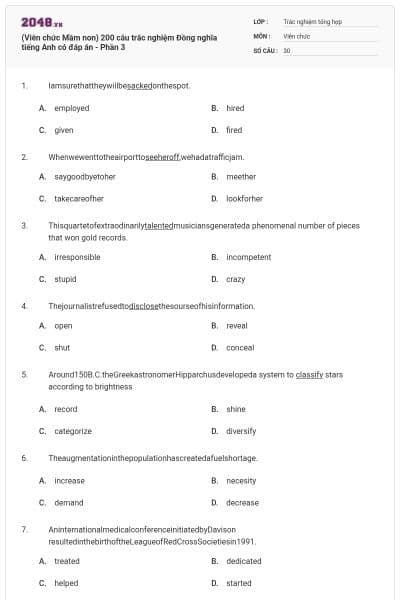 (Viên chức Mầm non) 200 câu trắc nghiệm Đồng nghĩa tiếng Anh có đáp án - Phần 3