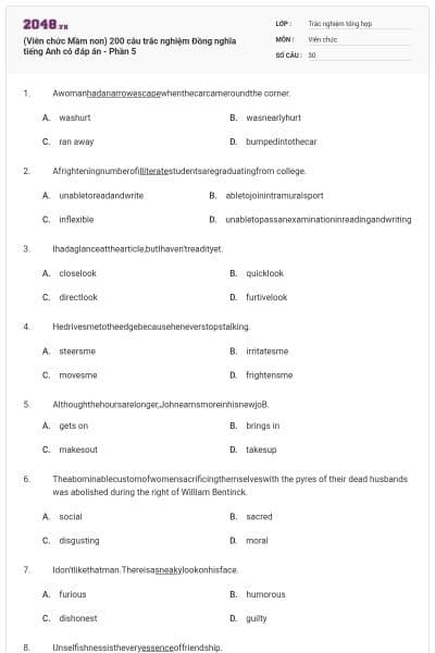 (Viên chức Mầm non) 200 câu trắc nghiệm Đồng nghĩa tiếng Anh có đáp án - Phần 5