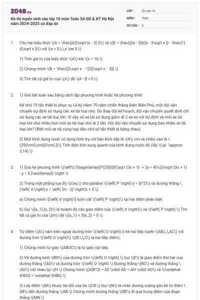 Đề thi tuyển sinh vào lớp 10 môn Toán Sở GD & ĐT Hà Nội năm 2024-2025 có đáp án