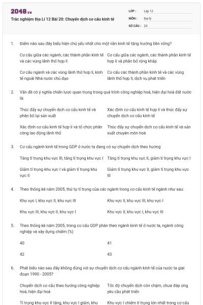 Trắc nghiệm Địa Lí 12 Bài 20: Chuyển dịch cơ cấu kinh tế
