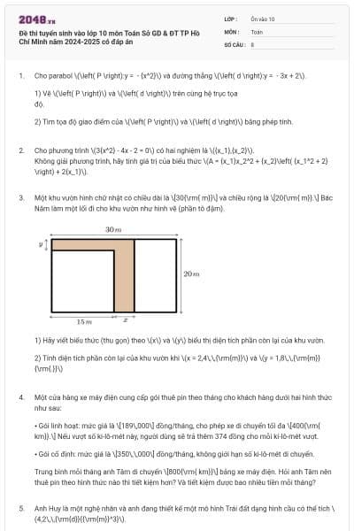 Đề thi tuyển sinh vào lớp 10 môn Toán Sở GD & ĐT TP Hồ Chí Minh năm 2024-2025 có đáp án