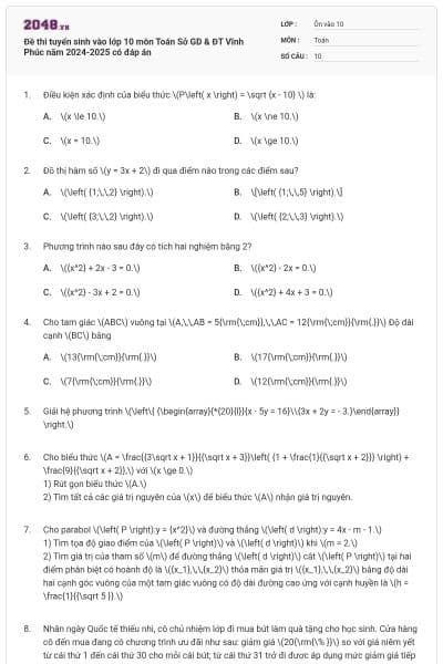 Đề thi tuyển sinh vào lớp 10 môn Toán Sở GD & ĐT Vĩnh Phúc năm 2024-2025 có đáp án