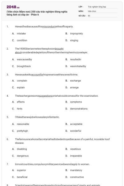 (Viên chức Mầm non) 200 câu trắc nghiệm Đồng nghĩa tiếng Anh có đáp án - Phần 6