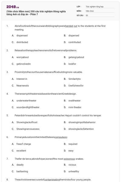 (Viên chức Mầm non) 200 câu trắc nghiệm Đồng nghĩa tiếng Anh có đáp án - Phần 7