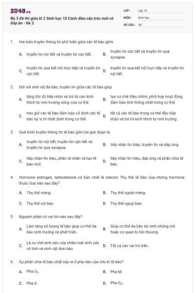 Bộ 3 đề thi giữa kì 2 Sinh học 10 Cánh diều cấu trúc mới có đáp án - Đề 2