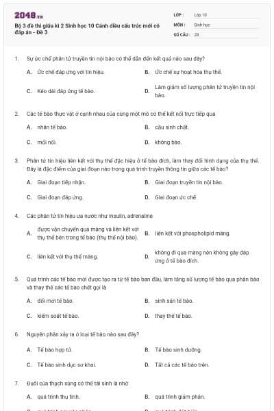 Bộ 3 đề thi giữa kì 2 Sinh học 10 Cánh diều cấu trúc mới có đáp án - Đề 3