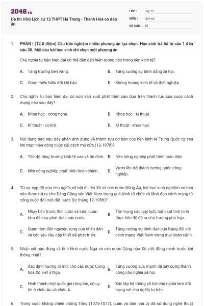 Đề thi HSG Lịch sử 12 THPT Hà Trung - Thanh Hóa có đáp án