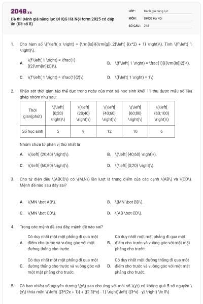 Đề thi Đánh giá năng lực ĐHQG Hà Nội form 2025 có đáp án (Đề số 8)