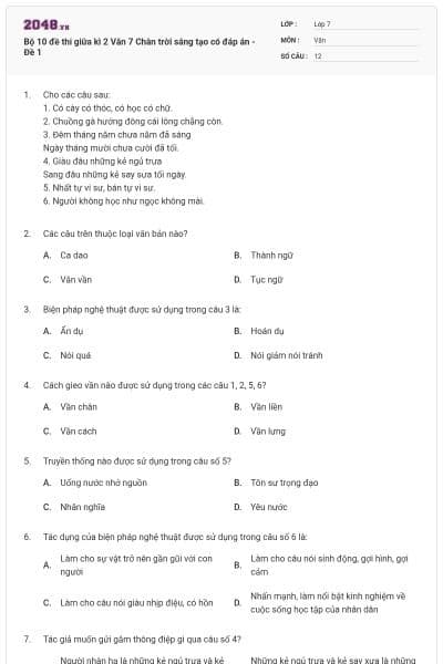 Bộ 10 đề thi giữa kì 2 Văn 7 Chân trời sáng tạo có đáp án - Đề 1