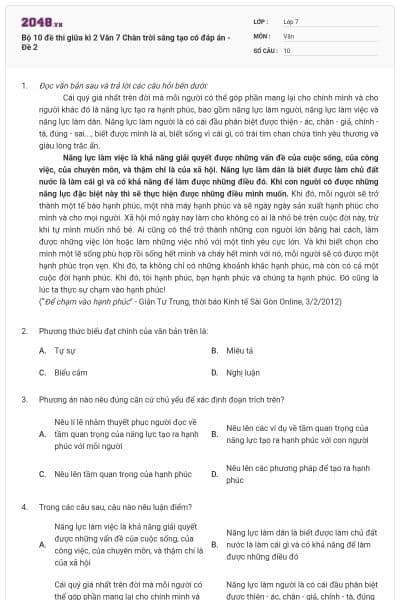 Bộ 10 đề thi giữa kì 2 Văn 7 Chân trời sáng tạo có đáp án - Đề 2