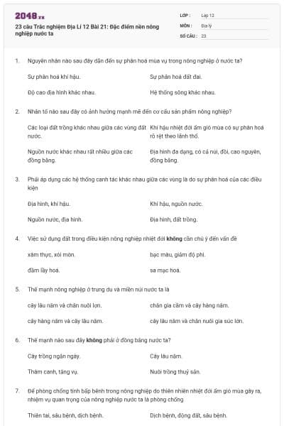 23 câu Trắc nghiệm Địa Lí 12 Bài 21: Đặc điểm nền nông nghiệp nước ta