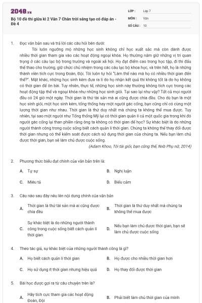 Bộ 10 đề thi giữa kì 2 Văn 7 Chân trời sáng tạo có đáp án - Đề 4