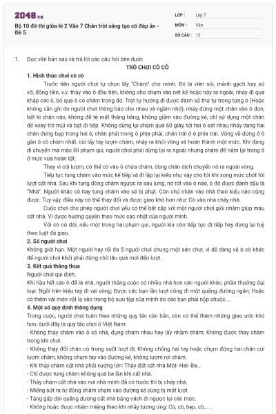 Bộ 10 đề thi giữa kì 2 Văn 7 Chân trời sáng tạo có đáp án - Đề 5
