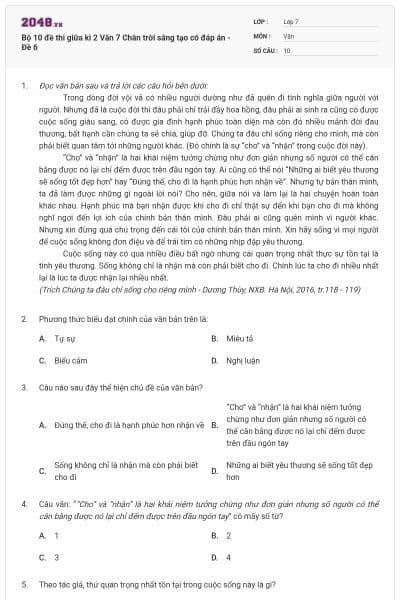 Bộ 10 đề thi giữa kì 2 Văn 7 Chân trời sáng tạo có đáp án - Đề 6