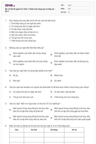 Bộ 10 đề thi giữa kì 2 Văn 7 Chân trời sáng tạo có đáp án - Đề 7