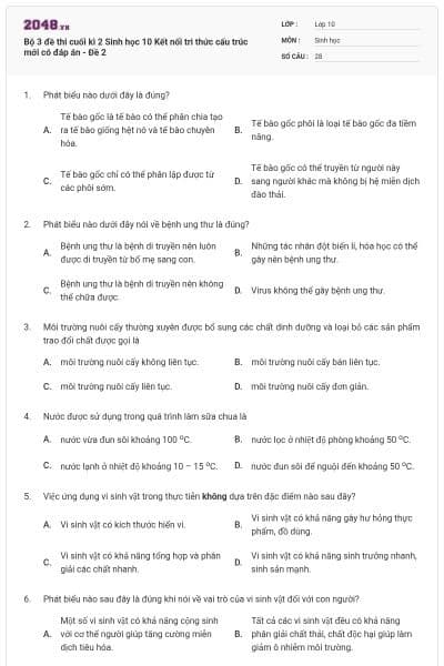 Bộ 3 đề thi cuối kì 2 Sinh học 10 Kết nối tri thức cấu trúc mới có đáp án - Đề 2