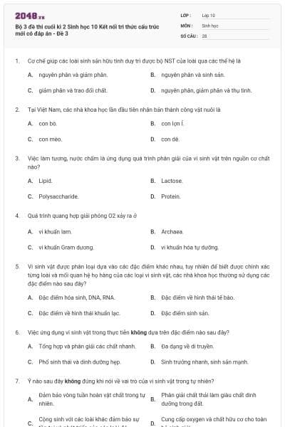 Bộ 3 đề thi cuối kì 2 Sinh học 10 Kết nối tri thức cấu trúc mới có đáp án - Đề 3