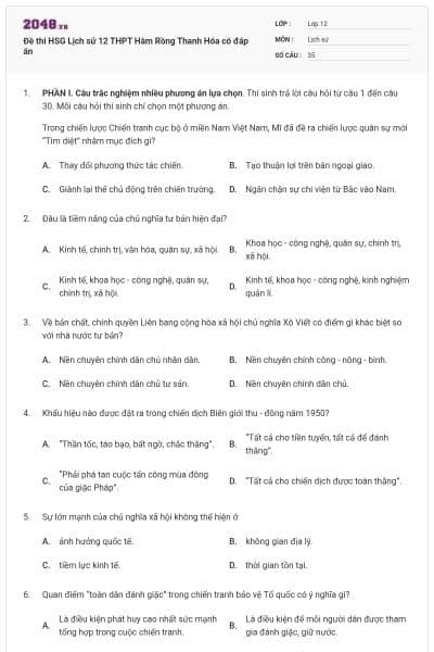 Đề thi HSG Lịch sử 12 THPT Hàm Rồng Thanh Hóa có đáp án