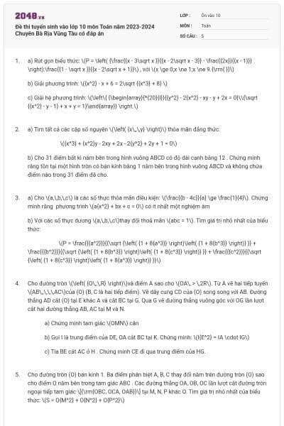 Đề thi tuyển sinh vào lớp 10 môn Toán năm 2023-2024 Chuyên Bà Rịa Vũng Tàu có đáp án